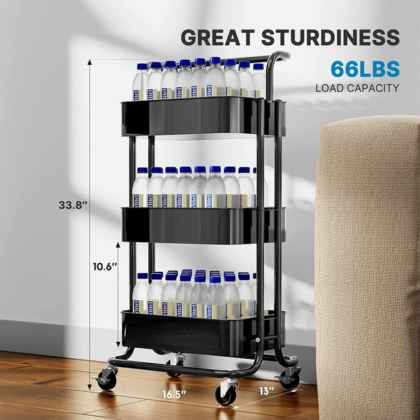 Mesh Utility Cart, Rolling Metal Organization Cart with Handle and Lockable Wheels, Multifunctional Storage Shelves for Kitchen Living Room Office Black 3 Tier - Walmart.com