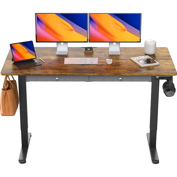 Adjustable Height Electric Standing Desk with Double Drawers, 48x24 inch Sit Stand Up Desk Computer Workstation for Home Office, Vintage Brown - Walmart.com