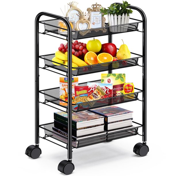 4 Tier Metal Mesh Rolling Utility Cart Storage Cart with 4 Wire Baskets and Lockable Wheels for Home Kitchen - Walmart.com