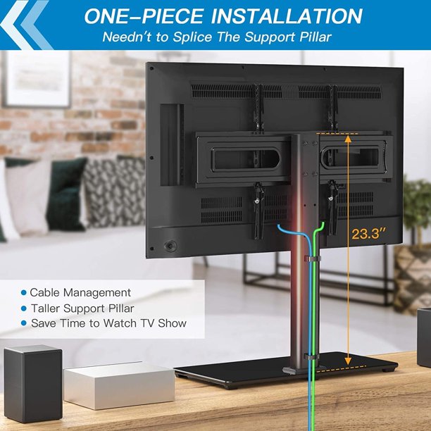 Universal TV Stand Mount for 37 to 75 inch LCD OLED Flat Curved Screen TVs, Table Top TV Stand Base Height Adjustable with Tempered Glass Base Wire Management