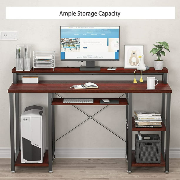 Industrial Computer Desk 47 inch, Home Office Desk with Monitor Stand, Large Workstation with Storage Shelves Keyboard Tray, Studying Writing Table for Home Office, Cherry - Walmart.com