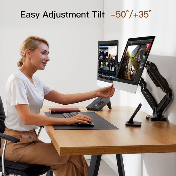 Dual Monitor Mount Desk Stand for 13 to 27 inch Screens Height Adjustable with C Clamp Grommet Mounting Base