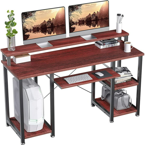 Industrial Computer Desk 47 inch, Home Office Desk with Monitor Stand, Large Workstation with Storage Shelves Keyboard Tray, Studying Writing Table for Home Office, Cherry - Walmart.com