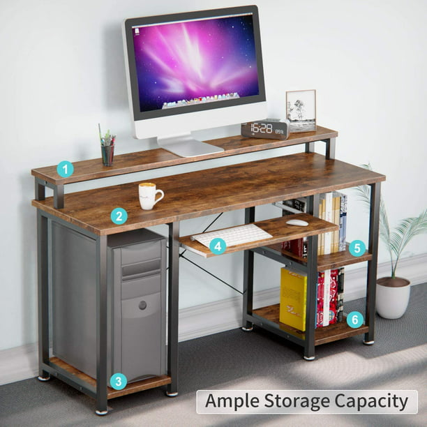 Industrial Computer Desk 47 inch, Home Office Desk with Monitor Stand, Large Workstation with Storage Shelves Keyboard Tray, Studying Writing Table for Home Office, Rustic Brown - Walmart.com