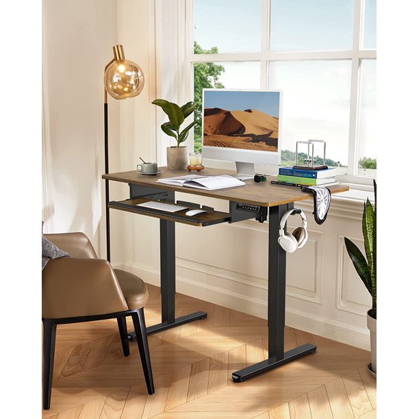 Electric Standing Desk with Keyboard Tray, Adjustable Height Sit Stand Up Desk, Home Office Desk Computer Workstation with Storage Shelf 55x28 Inches, Vintage Brown - Walmart.com