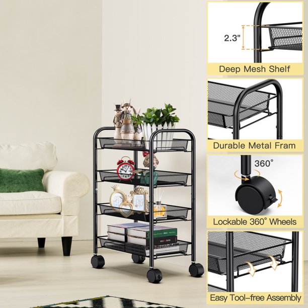 4 Tier Metal Mesh Rolling Utility Cart Storage Cart with 4 Wire Baskets and Lockable Wheels for Home Kitchen - Walmart.com