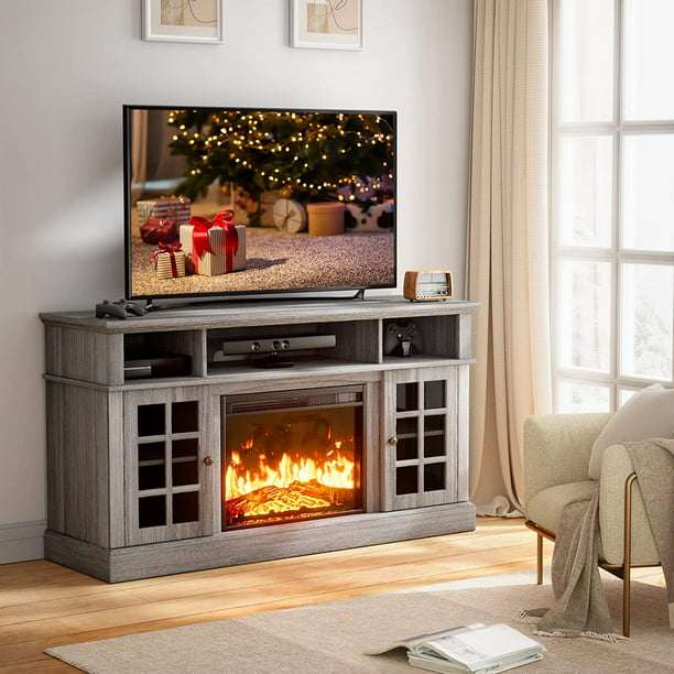 Fireplace TV Stand for TVs up to 65 Inch, Fireplace Entertainment Center with Adjustable Shelves, Fireplace Modern Farmhouse Wood TV Stand for Living Room - Walmart.com