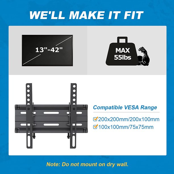 Tilting TV Wall Mount Bracket Low Profile for 13-42 Inch TVs Flat Screen, Universal TV Monitor Mount Fits 8 inch Wood Studs 200x200mm