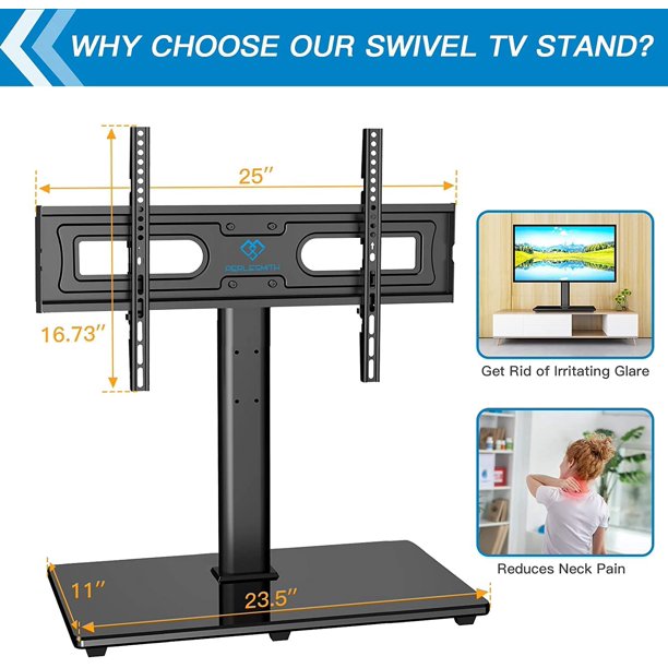 Universal TV Stand Mount for 37 to 75 inch LCD OLED Flat Curved Screen TVs, Table Top TV Stand Base Height Adjustable with Tempered Glass Base Wire Management