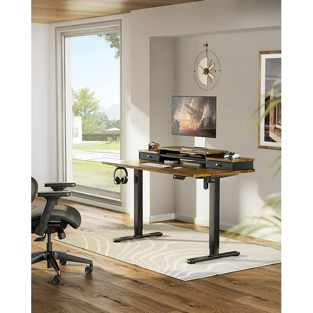 Electric Standing Desk with Double Drawers, 55x28 inch Adjustable Height Sit Stand Up Desk, Home Office Desk Computer Workstation with Storage Shelf, Vintage Brown - Walmart.com