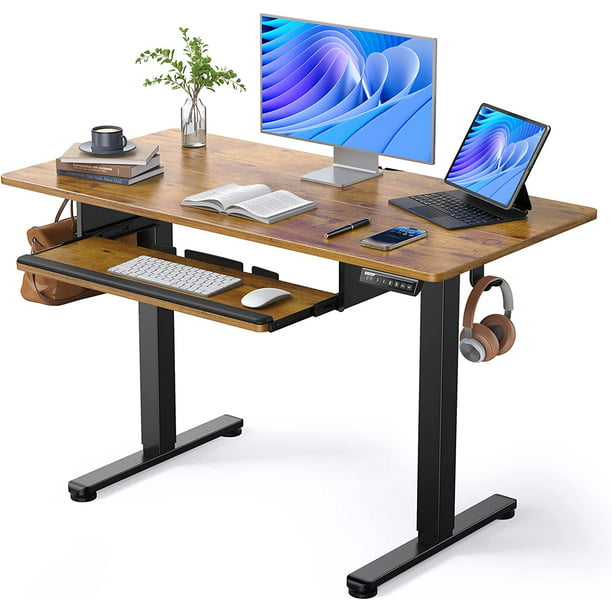 Electric Standing Desk with Keyboard Tray, 48" x 24" Adjustable Height Sit Stand Up Desk, Home Office Desk Computer Workstation, Vintage Brown