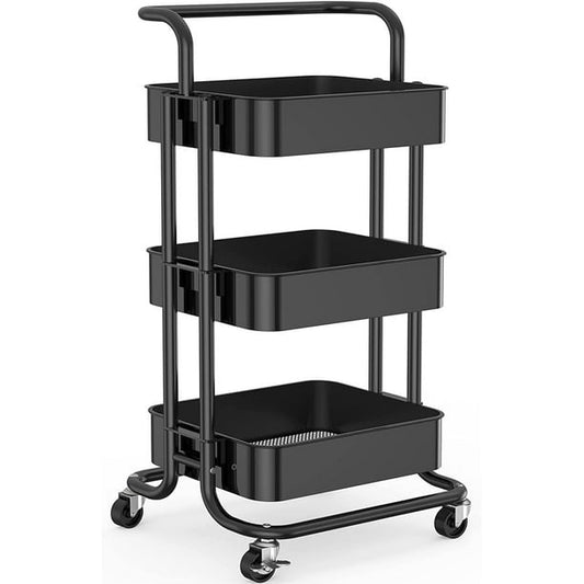 Mesh Utility Cart, Rolling Metal Organization Cart with Handle and Lockable Wheels, Multifunctional Storage Shelves for Kitchen Living Room Office Black 3 Tier - Walmart.com