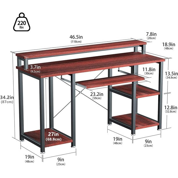 Industrial Computer Desk 47 inch, Home Office Desk with Monitor Stand, Large Workstation with Storage Shelves Keyboard Tray, Studying Writing Table for Home Office, Cherry - Walmart.com