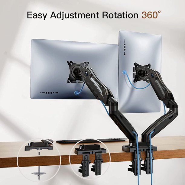 Dual Monitor Mount Desk Stand for 13 to 27 inch Screens Height Adjustable with C Clamp Grommet Mounting Base