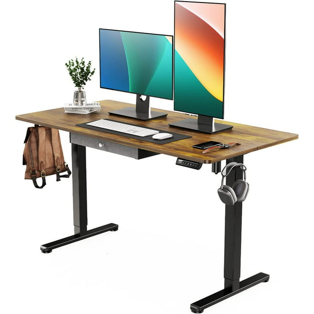 Electric Standing Desk with Drawer, Adjustable Height Sit Stand Up Desk, Home Office Desk Computer Workstation, 55x28 inch, Vintage Brown - Walmart.com