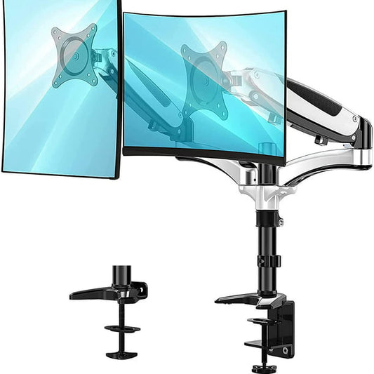 Dual Monitor Arm Stand, Height Adjustable Monitor Mount for Two 13 to 27 inch Flat, Curved Computer Screen, Double Gas Spring Desk Bracket with Clamp, Grommet Mounting Base