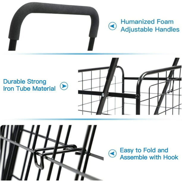 Folding Jumbo Shopping Cart with Dual Swivel Wheels, Portable Rolling Utility Cart Grocery Cart with Adjustable Handle Holds up to 70L Max 66Ibs - Walmart.com