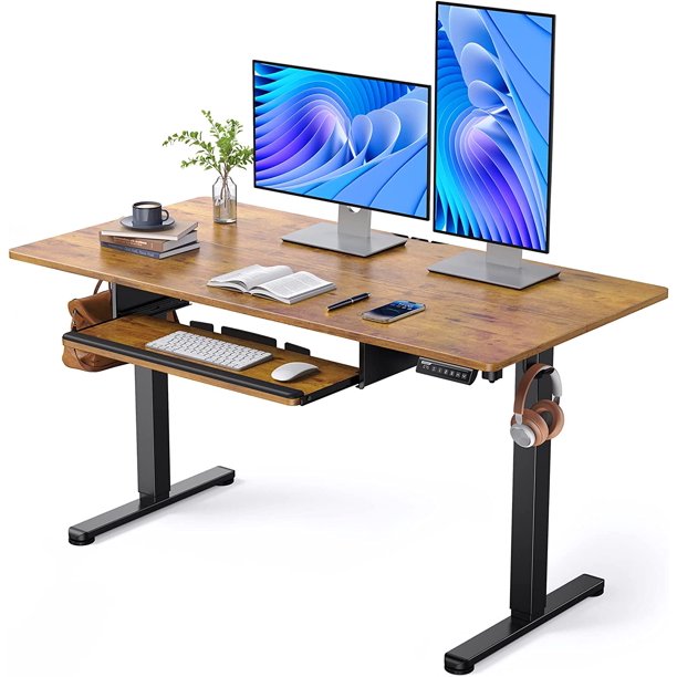 Electric Standing Desk with Keyboard Tray, Adjustable Height Sit Stand Up Desk, Home Office Desk Computer Workstation with Storage Shelf 55x28 Inches, Vintage Brown - Walmart.com