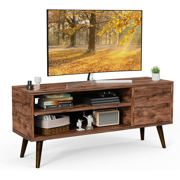 Retro TV Stand Unit with Storage Cabinet for TVs up to 55 inch, Mid Century Modern TV Entertainment Center for Media, Wooden TV Console Table for Living Room Bedroom, Walnut - Walmart.com