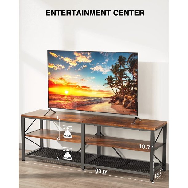 Kyspho TV Stand for 63 Inch TVs, Wood Media Console Cabinet with Storage, 3 Tier Entertainment Center for Living Room, Rustic Brown - Walmart.com