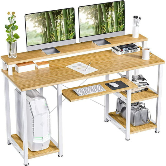 Industrial Computer Desk 47 inch, Home Office Desk with Monitor Stand, Large Workstation with Storage Shelves Keyboard Tray, Studying Writing Table for Home Office, Bamboo - Walmart.com