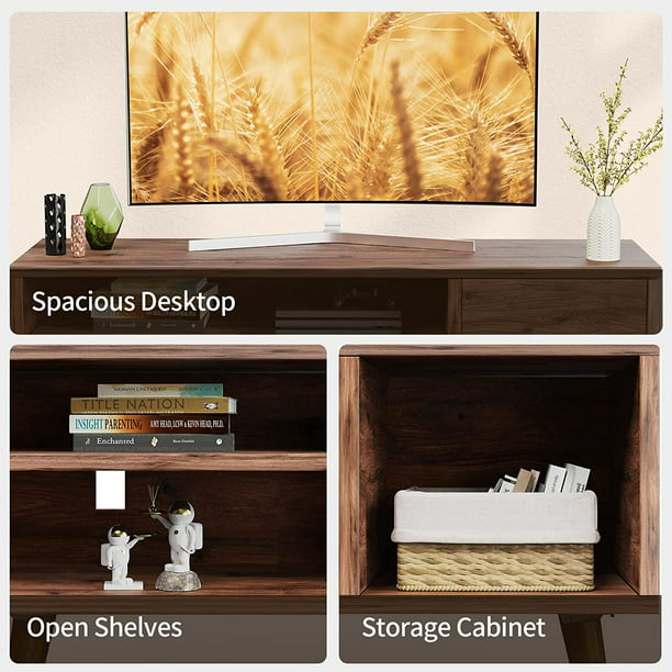 Retro TV Stand Unit with Storage Cabinet for TVs up to 55 inch, Mid Century Modern TV Entertainment Center for Media, Wooden TV Console Table for Living Room Bedroom, Walnut - Walmart.com