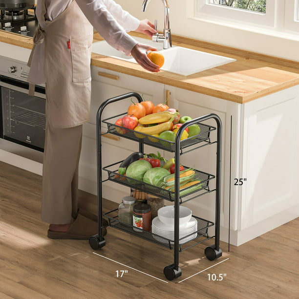 3 Tier Metal Mesh Rolling Utility Cart Storage Cart with 3 Wire Baskets and Lockable Wheels for Home Kitchen - Walmart.com