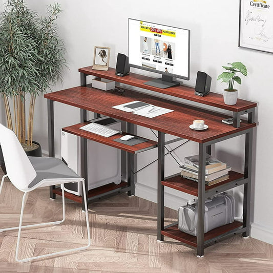 Industrial Computer Desk 47 inch, Home Office Desk with Monitor Stand, Large Workstation with Storage Shelves Keyboard Tray, Studying Writing Table for Home Office, Cherry - Walmart.com