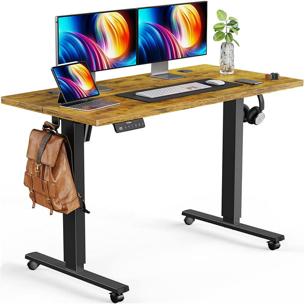 Home Office Electric Standing Desk 55 x 24 Inches, Height Adjustable Computer Stand Up Desk with Wheels, Memory Computer Workstation Table with Splice Board, Vintage Brown - Walmart.com